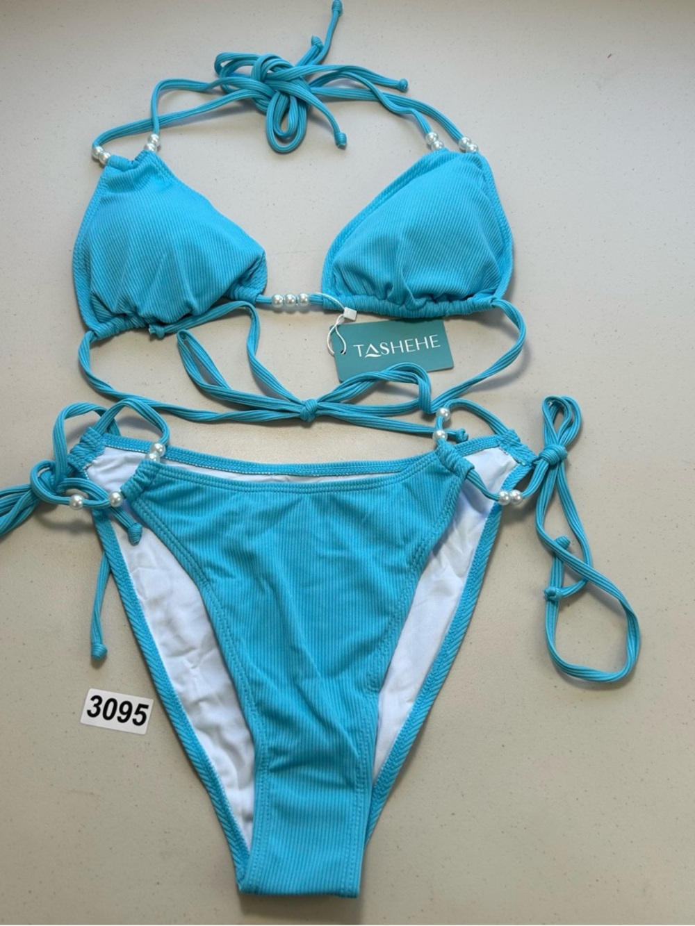 TASHEHE Blue Pearl Accent Halter Triangle Bikini Set Swimwear Size M